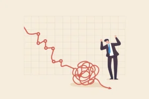 Stock volatility analyzing, Business, World economy, Stock market, Recession, Forecasting. Businessman watching stock market crash chart.