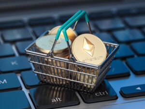 Ethereum coins shopping basket laptop keyboard ethereum wallet payment